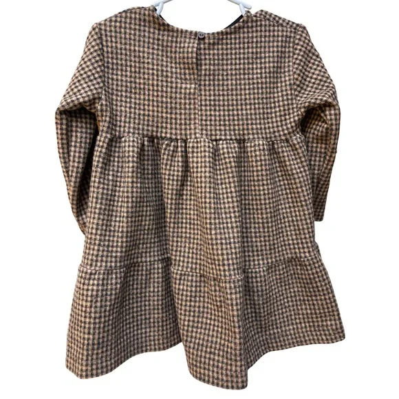 Zara Houndstooth Dress 2-3Y Tan Black Polyester Cotton - Picture 2 of 5